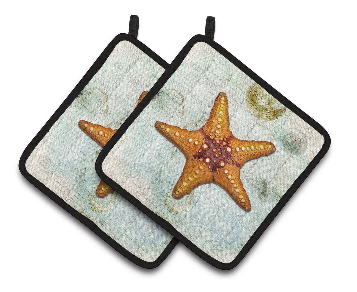 Pot Holder Set of 2 | Heat Resistant Quilted Hot Pads | 7.5 x 7.5 Inch | Beach Knobby Sea Star Starfish Orange