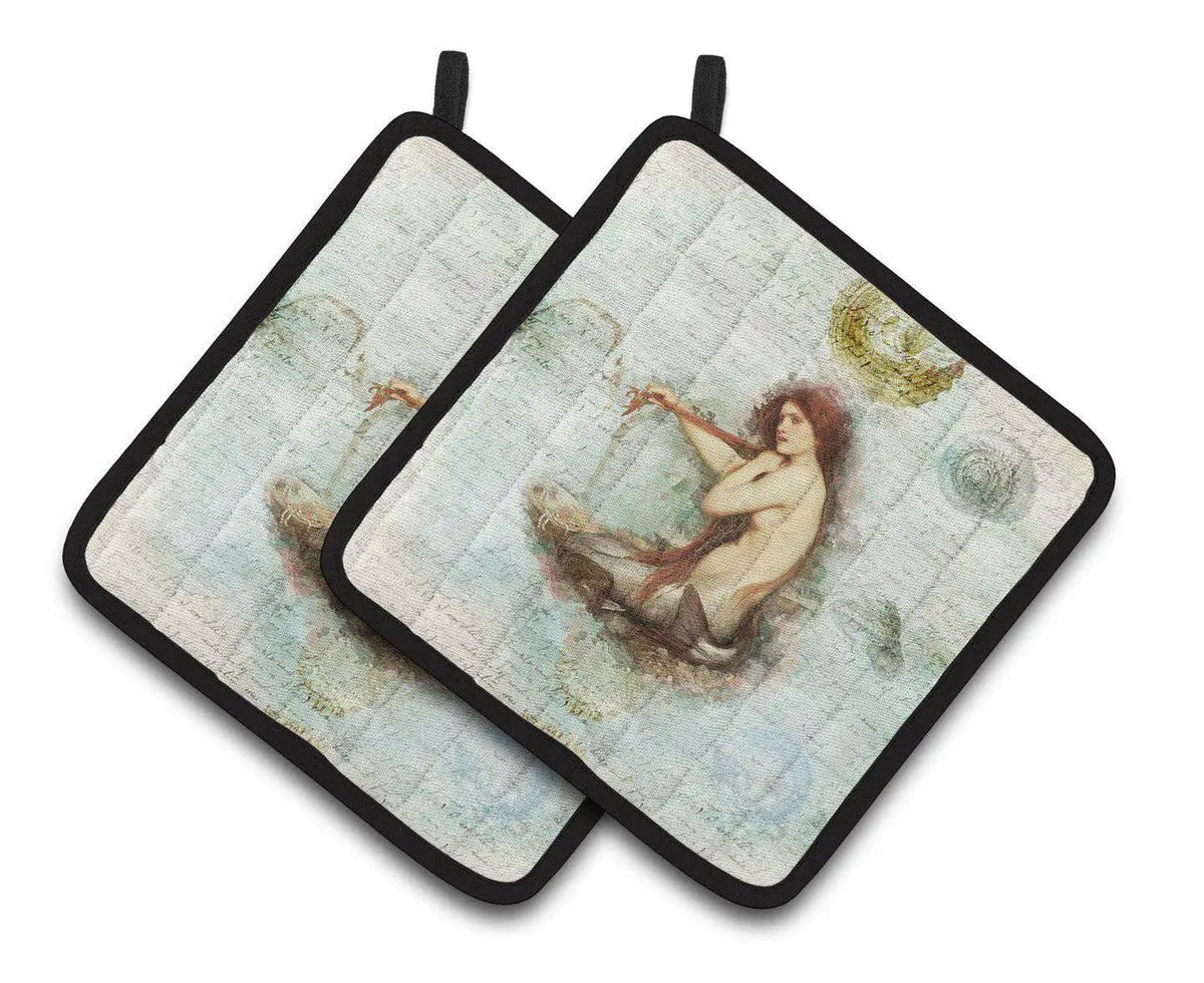 Pot Holder Set of 2 | Heat Resistant Quilted Hot Pads | 7.5 x 7.5 Inch | Beach Mermaid Sitting