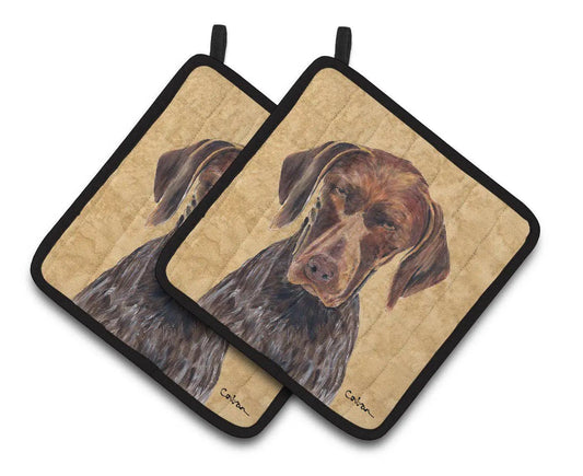 Pot Holder Set of 2 | Heat Resistant Quilted Hot Pads | 7.5 x 7.5 Inch | German Shorthaired Pointer Wipe your Paws