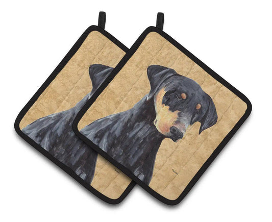 Pot Holder Set of 2 | Heat Resistant Quilted Hot Pads | 7.5 x 7.5 Inch | Doberman Wipe your Paws