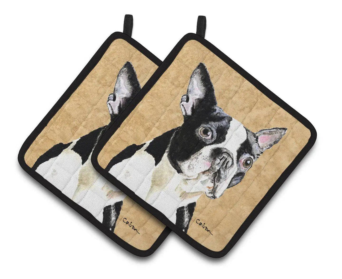 Pot Holder Set of 2 | Heat Resistant Quilted Hot Pads | 7.5 x 7.5 Inch | Boston Terrier Wipe your Paws