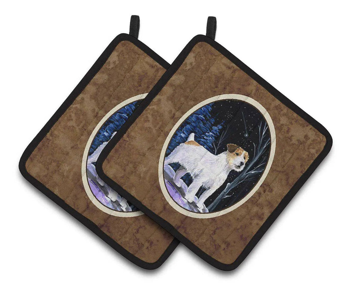 Pot Holder Set of 2 | Heat Resistant Quilted Hot Pads | 7.5 x 7.5 Inch | Starry Night Jack Russell Terrier