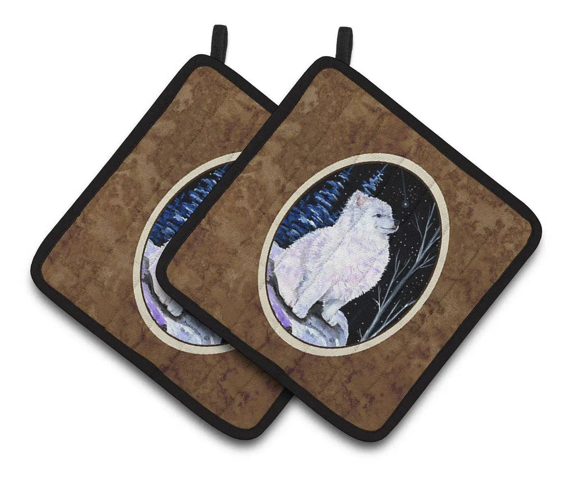 Pot Holder Set of 2 | Heat Resistant Quilted Hot Pads | 7.5 x 7.5 Inch | Starry Night American Eskimo