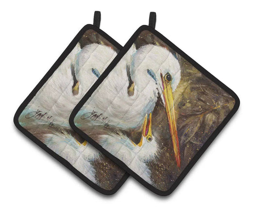 Pot Holder Set of 2 | Heat Resistant Quilted Hot Pads | 7.5 x 7.5 Inch | White Egret feeding baby