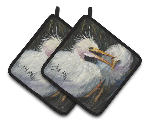 Pot Holder Set of 2 | Heat Resistant Quilted Hot Pads | 7.5 x 7.5 Inch | White Egret (Style 3)