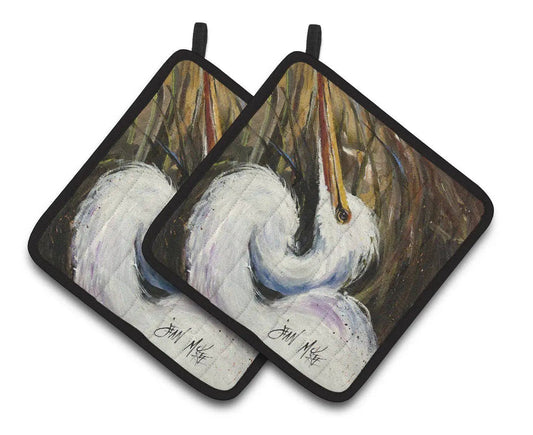 Pot Holder Set of 2 | Heat Resistant Quilted Hot Pads | 7.5 x 7.5 Inch | White Egret (Style 4)