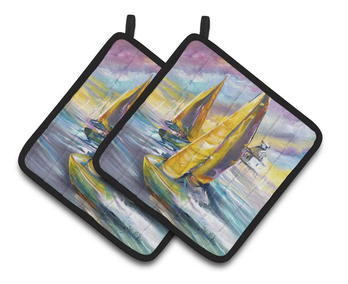 Pot Holder Set of 2 | Heat Resistant Quilted Hot Pads | 7.5 x 7.5 Inch | Middle Bay Lighthouse Sailboats