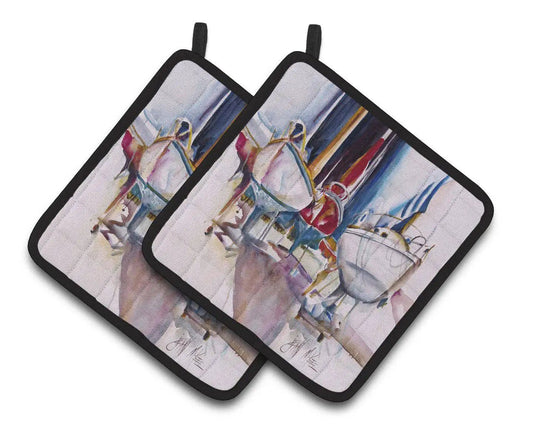 Pot Holder Set of 2 | Heat Resistant Quilted Hot Pads | 7.5 x 7.5 Inch | Dry Dock Sailboats