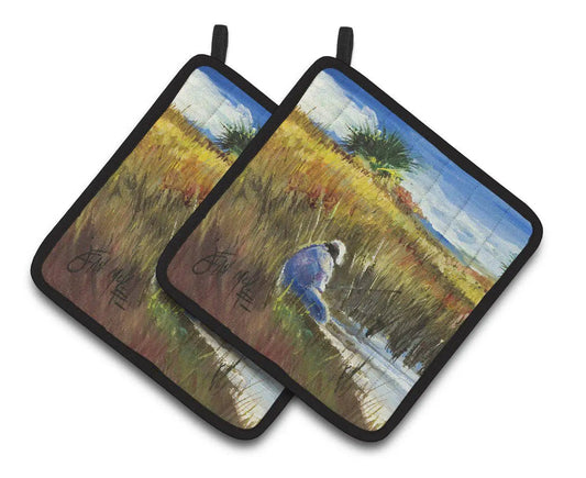 Pot Holder Set of 2 | Heat Resistant Quilted Hot Pads | 7.5 x 7.5 Inch | Fishing on the bank
