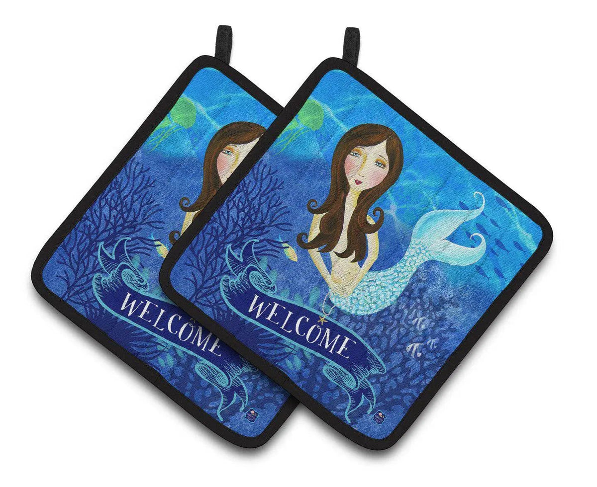 Pot Holder Set of 2 | Heat Resistant Quilted Hot Pads | 7.5 x 7.5 Inch | Welcome Mermaid