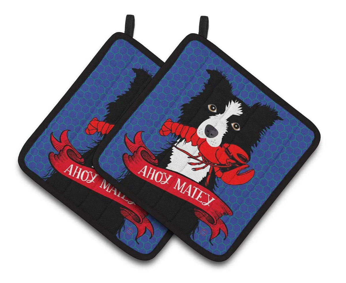 Pot Holder Set of 2 | Heat Resistant Quilted Hot Pads | 7.5 x 7.5 Inch | Ahoy Matey Nautical Border Collie