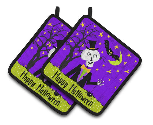 Pot Holder Set of 2 | Heat Resistant Quilted Hot Pads | 7.5 x 7.5 Inch | Happy Halloween Skeleton