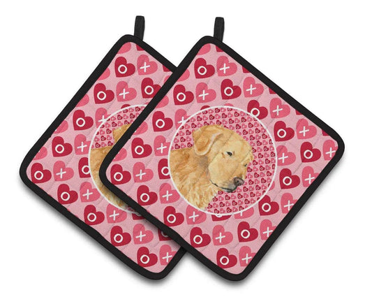 Pot Holder Set of 2 | Heat Resistant Quilted Hot Pads | 7.5 x 7.5 Inch | Golden Retriever Hearts Love Valentine's Day