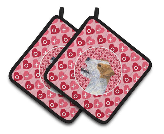 Pot Holder Set of 2 | Heat Resistant Quilted Hot Pads | 7.5 x 7.5 Inch | Jack Russell Terrier Hearts Love and Valentine's Day Portrait
