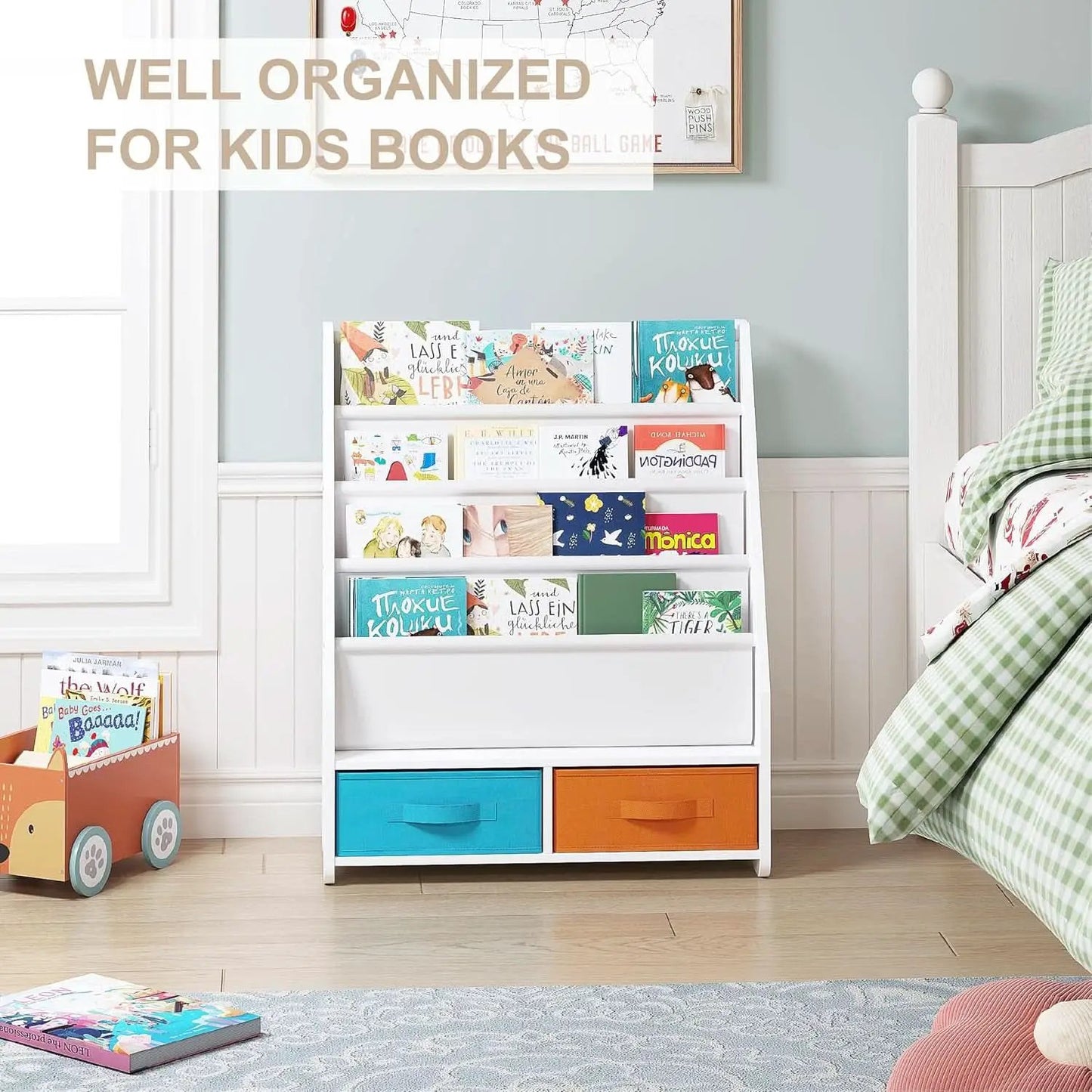 Kids Bookshelf With Storage Bins White Nursery Toddler from PriceLows™