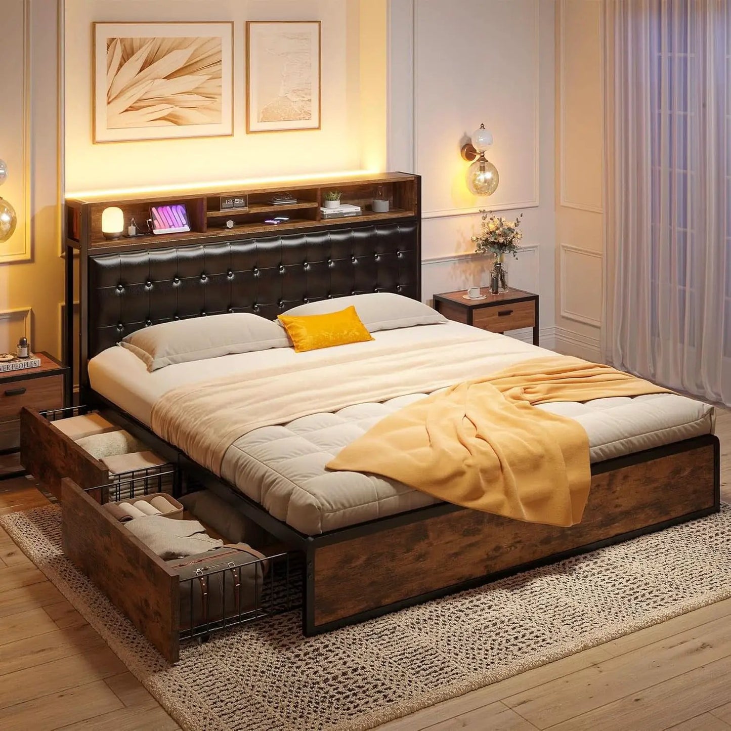 Queen Bed Frame With 4 Storage Drawers And Charging Station from PriceLows™