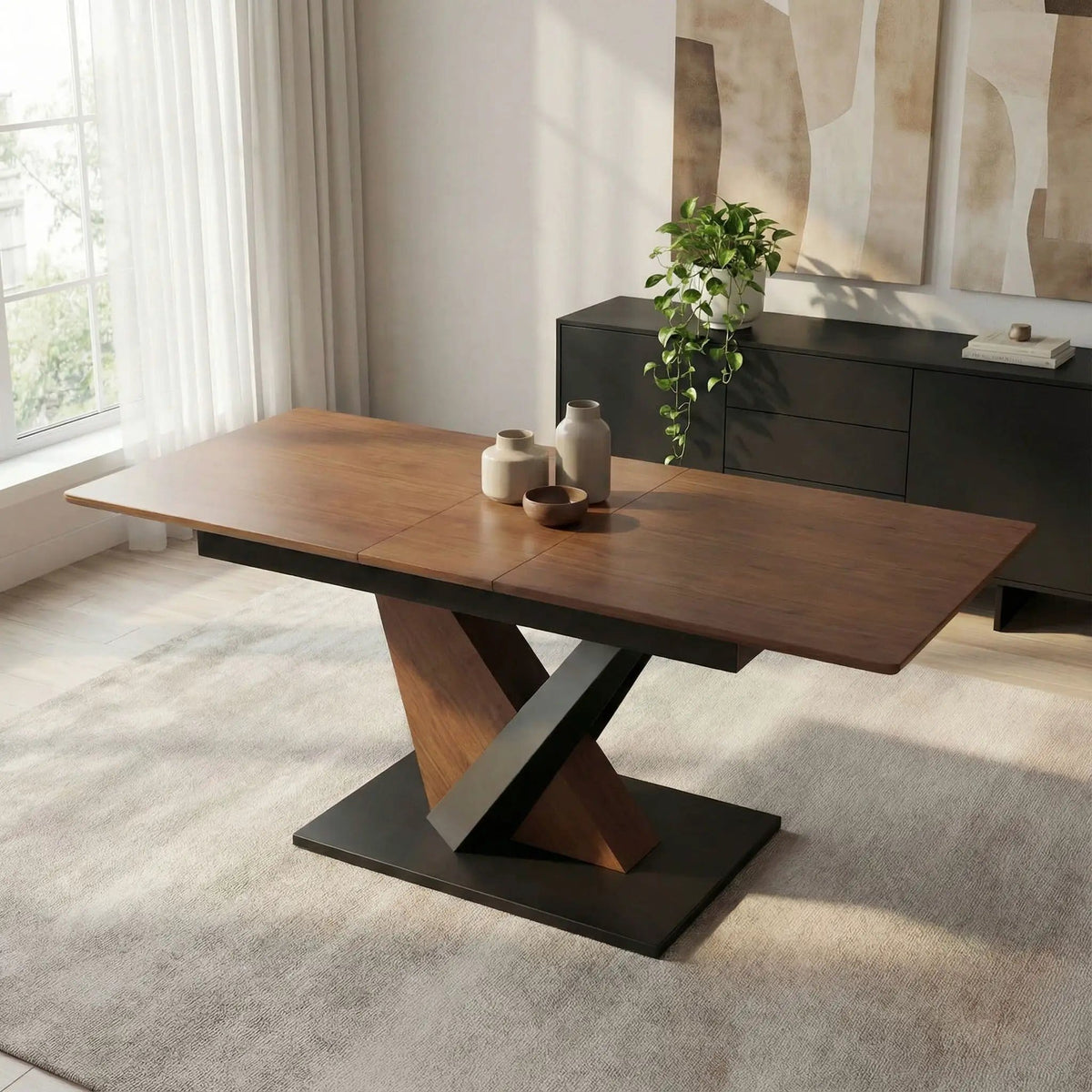 Dining Table, Scratch Resistant, Cross Geometric Legs For Kitchen & Dining Room Dark | 70.89 x 33.5 x 29.3 in | Walnut & Metal | Walnut