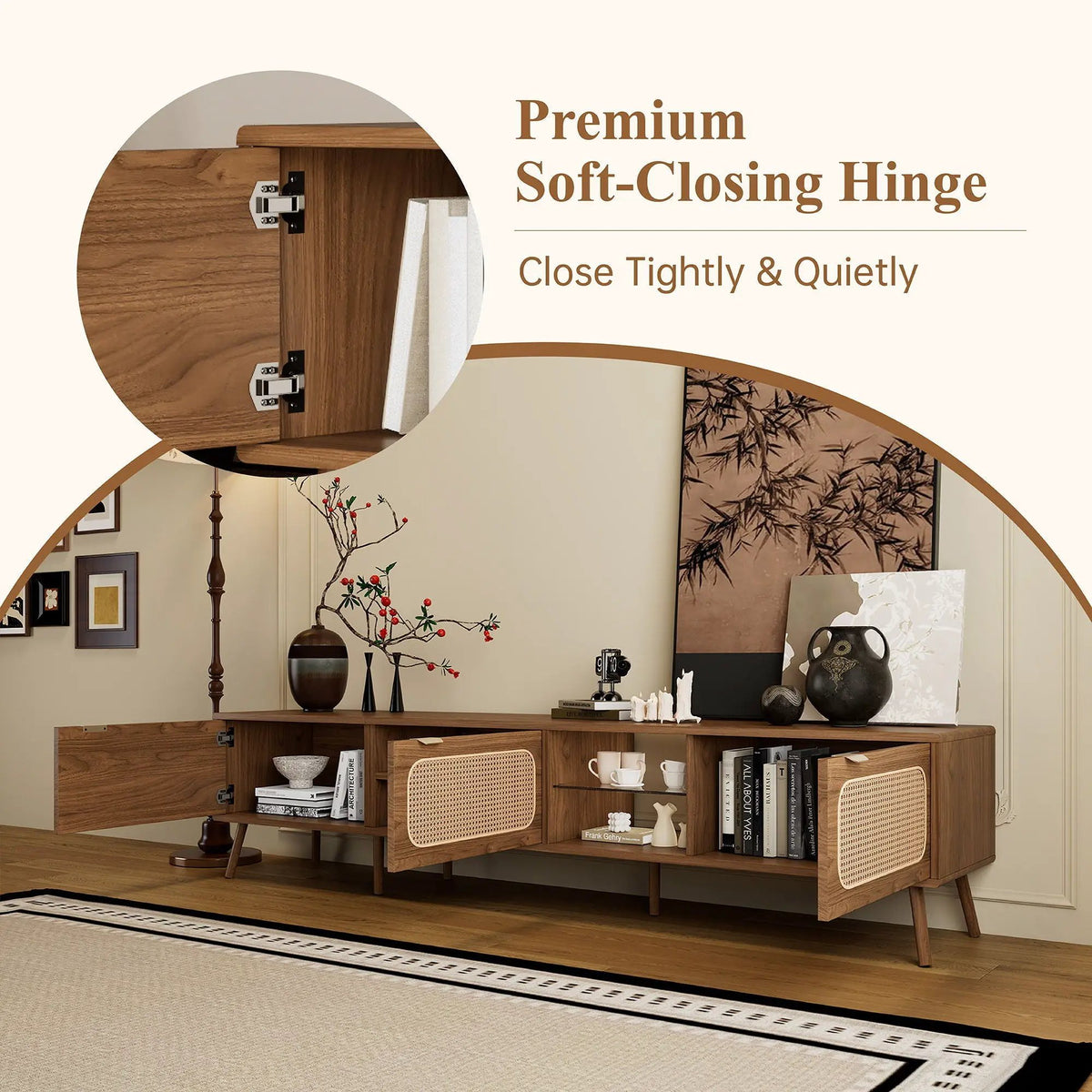 TV Stand | 78 Inch Wide | Rattan And Glass | Walnut Finish