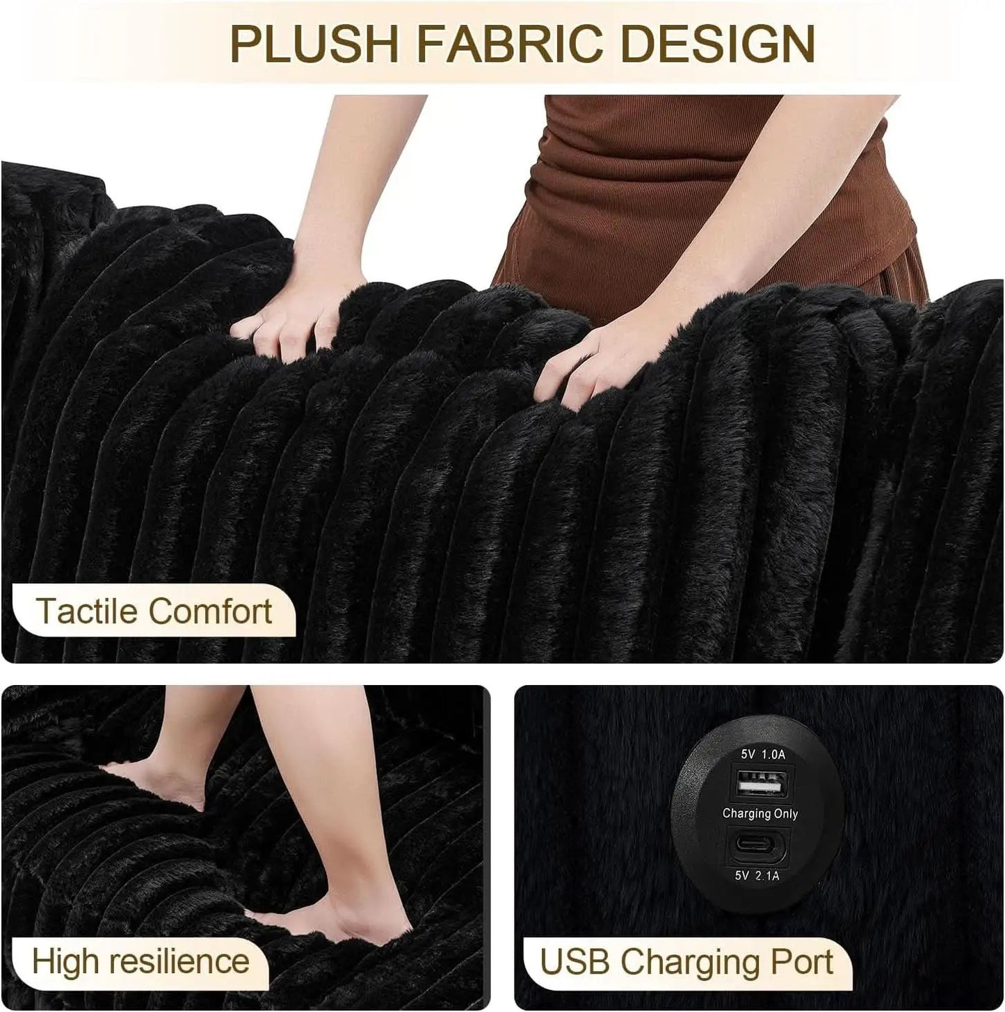 Black 122Inch U Shaped Sleeper Sectional USB Charging Ports from PriceLows™