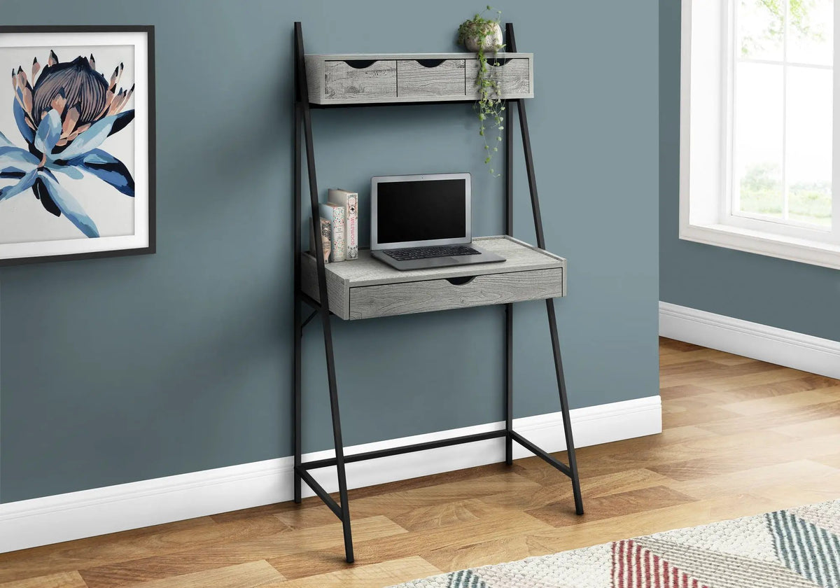 Leaning Computer Desk | 61.25 Inch Height | Long Storage Drawer | Strong Metal Frame