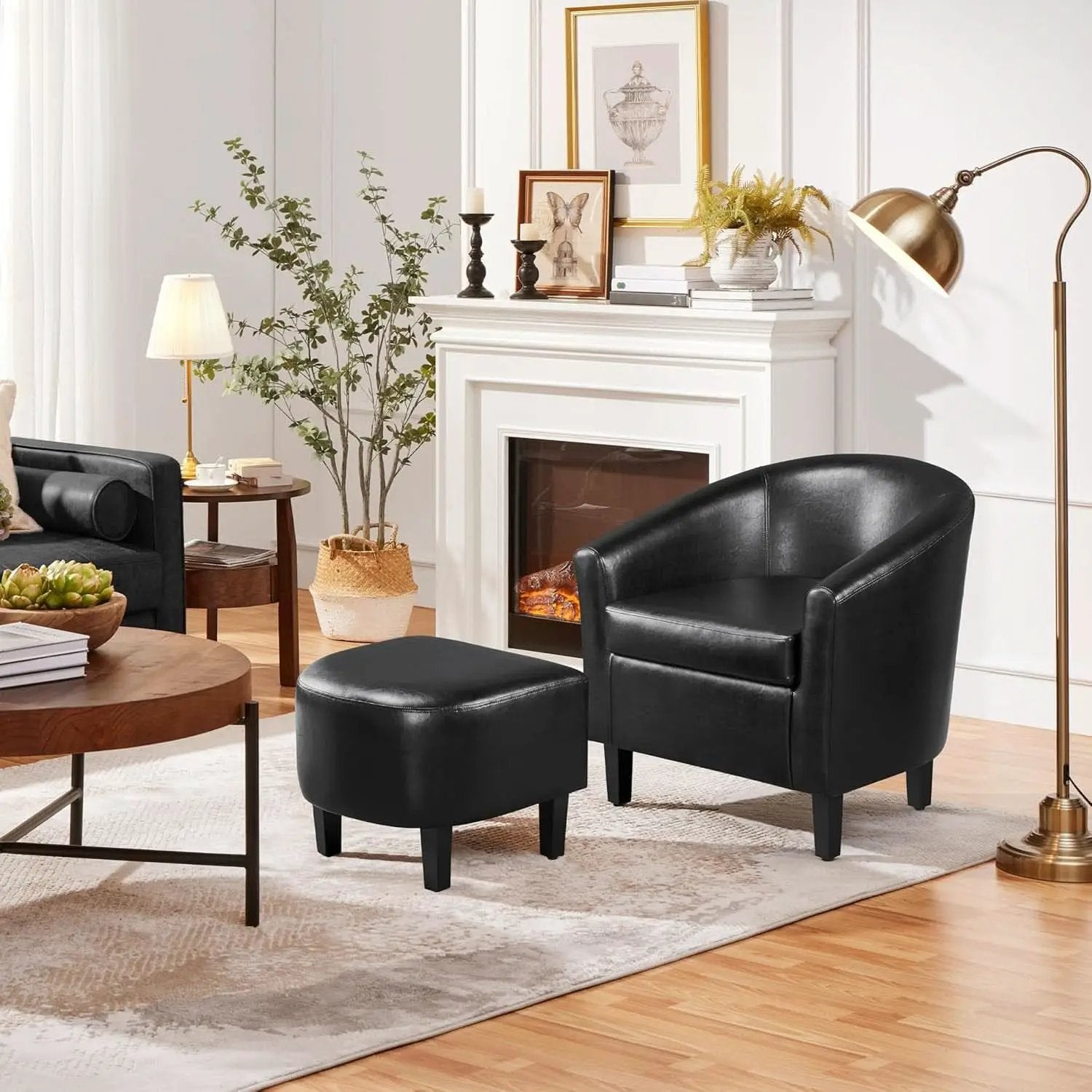 Modern Black Faux Leather Accent Chair With Ottoman Set from PriceLows™