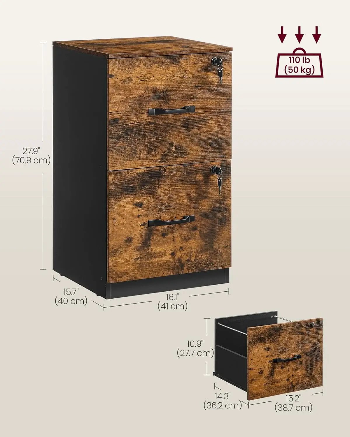 Two Drawer File Cabinet With Lock Printer Stand For A4 And Letter Size Files Rustic Brown And Black from PriceLows™