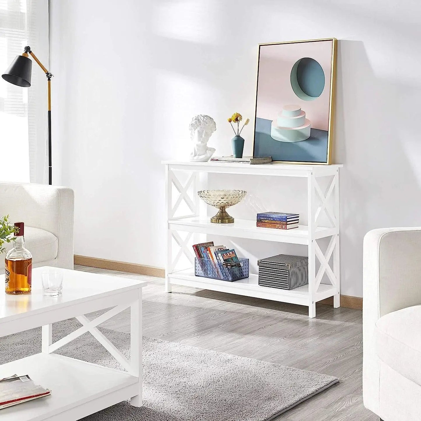 White Three Tier Console Table With Storage Shelves from PriceLows™