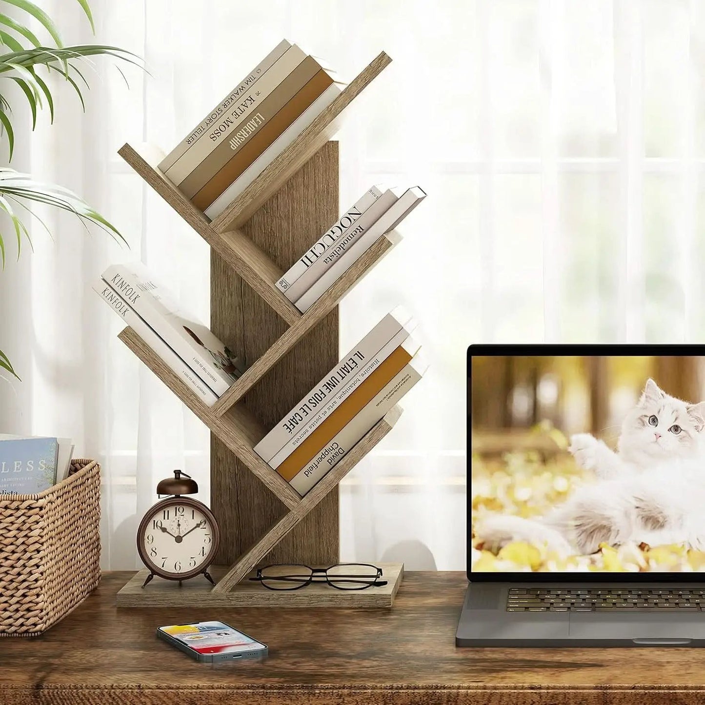 Greige 4 Tier Tree Bookshelf Modern Storage Bookcase from PriceLows™