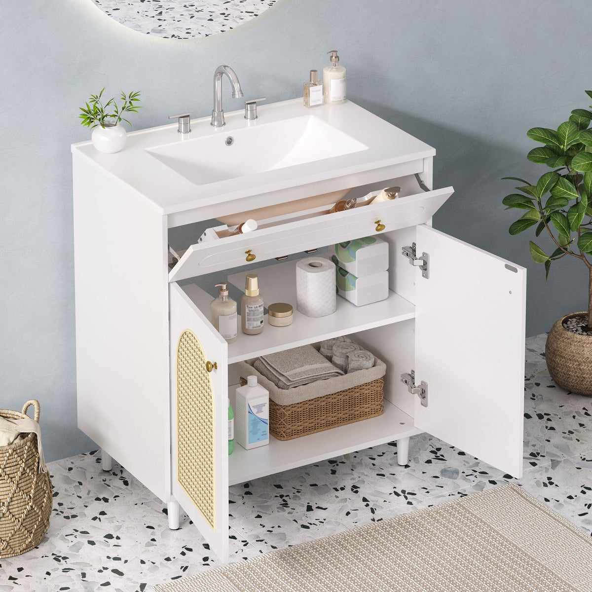 Modern Bathroom Vanity With Sink, Cabinet With Adjustable Shelf | 30 x 18.3 x 34 in | Solid Wood & Rattan | Bathroom