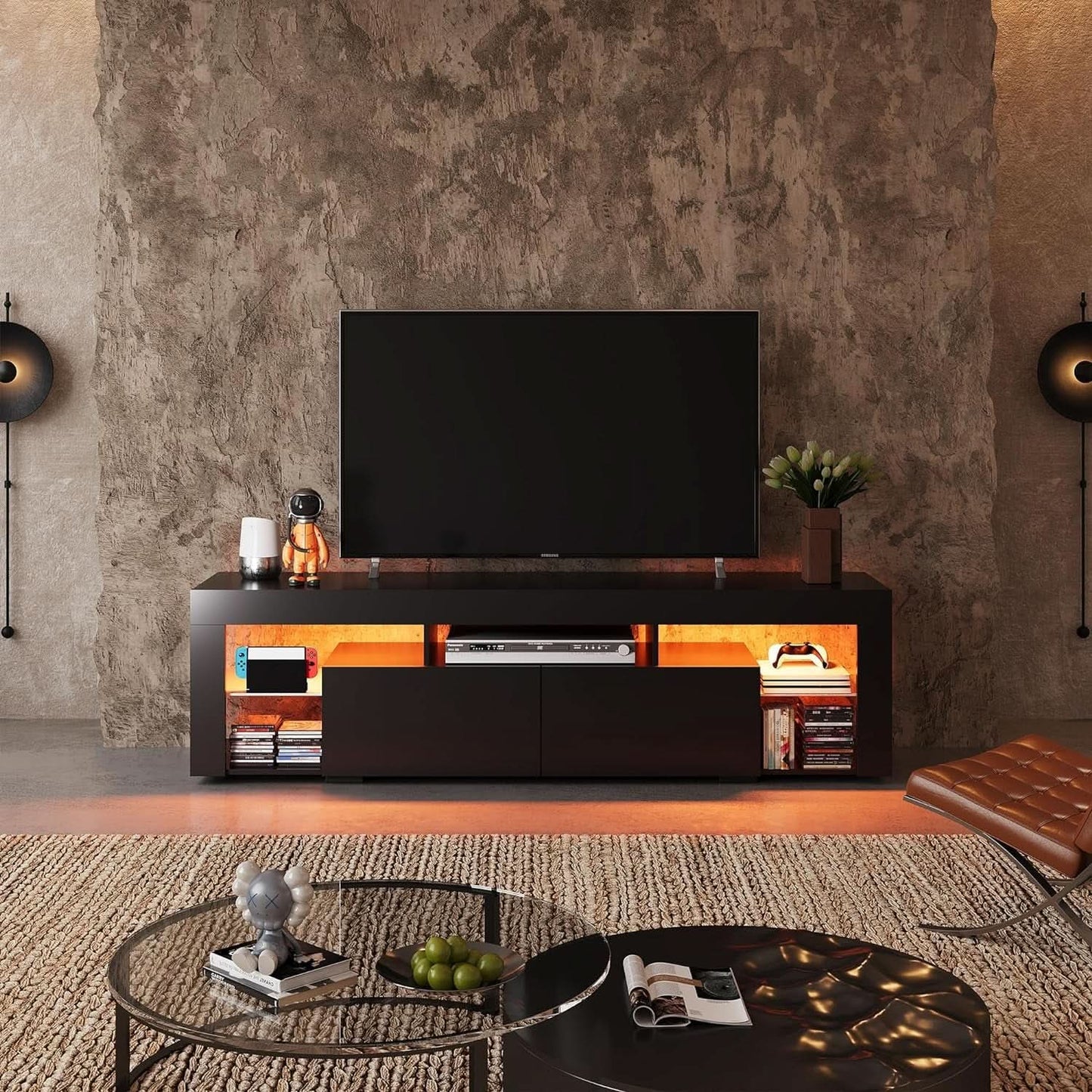 63 Inch Black LED TV Stand With 2 Drawers For Living Room from PriceLows™