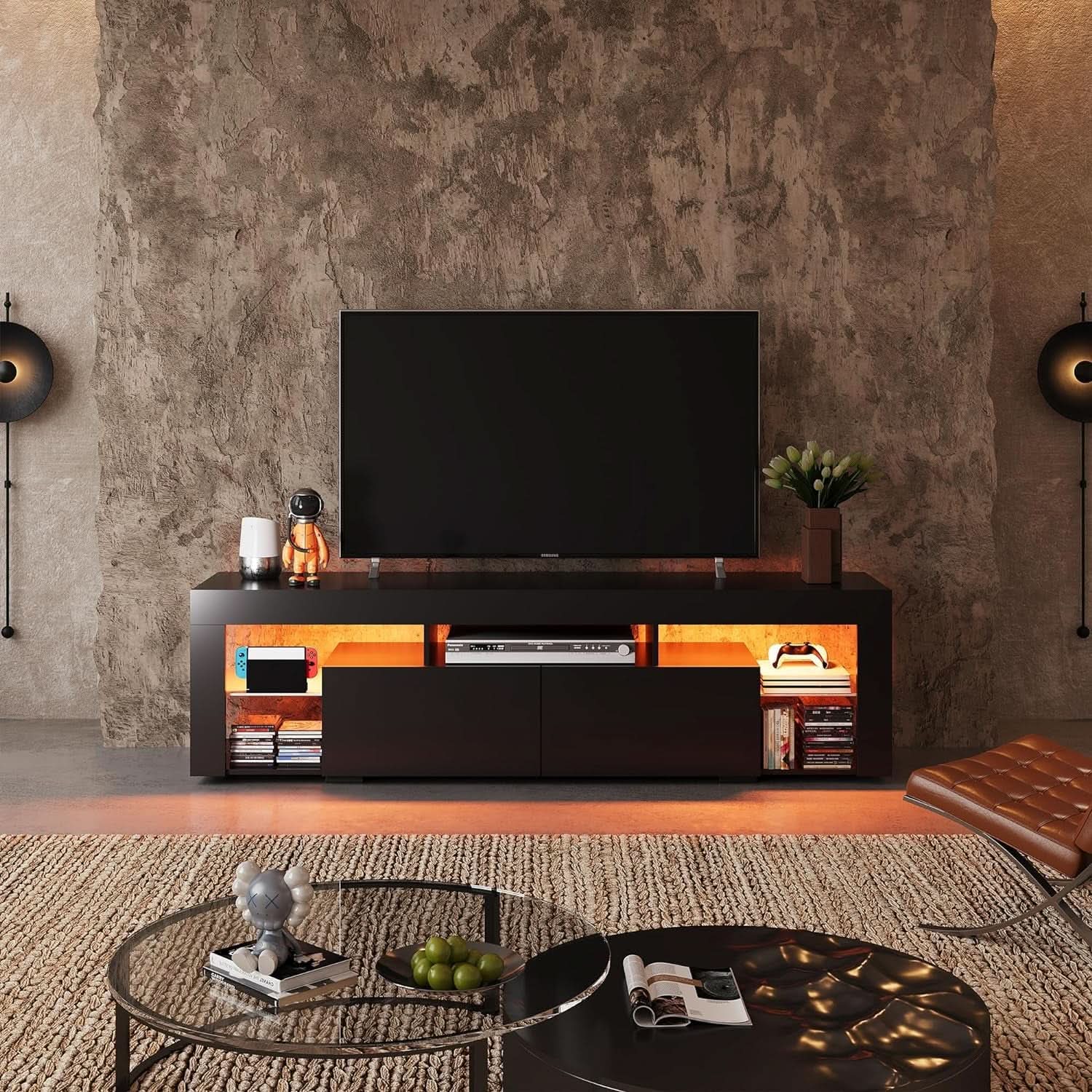 63 Inch Black LED TV Stand With 2 Drawers For Living Room from PriceLows™