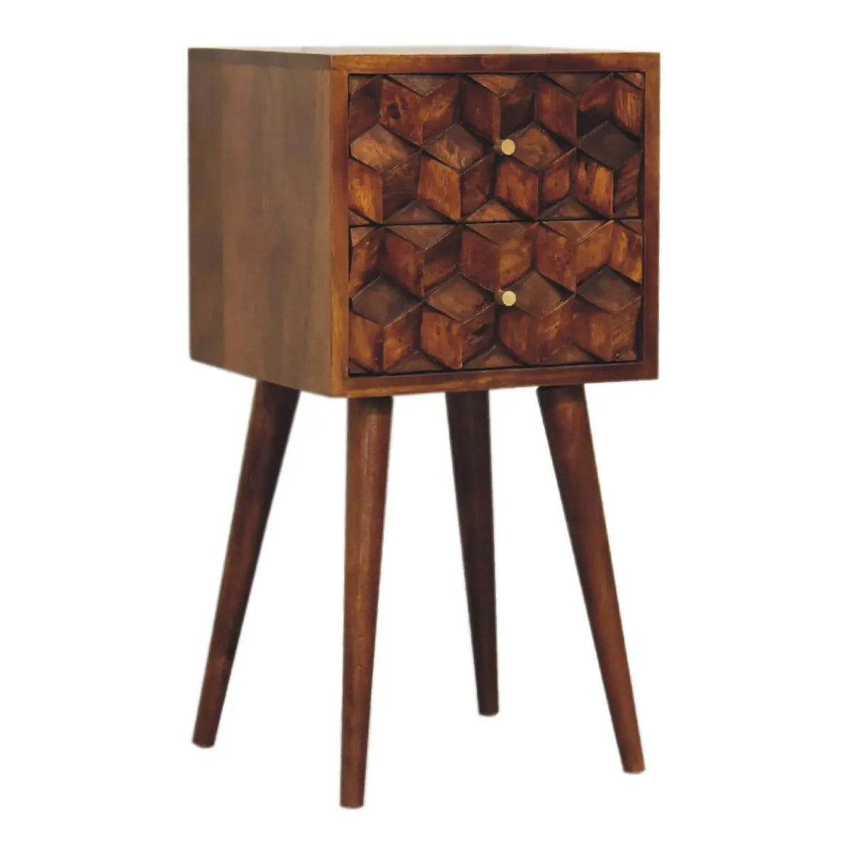Mini Cube Carved 2 Drawer Nightstand | 12.2 x 11.81 x 24.41 in | Mango Wood & Brass | Bedroom