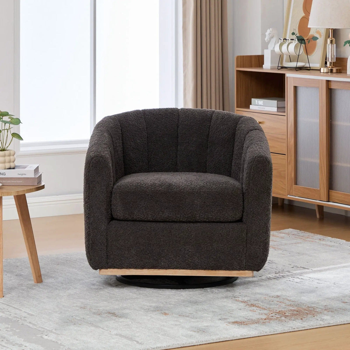 Swivel Upholstered Barrel Chair With Metal Base | Swivel Chair | Fabric & Iron | Home