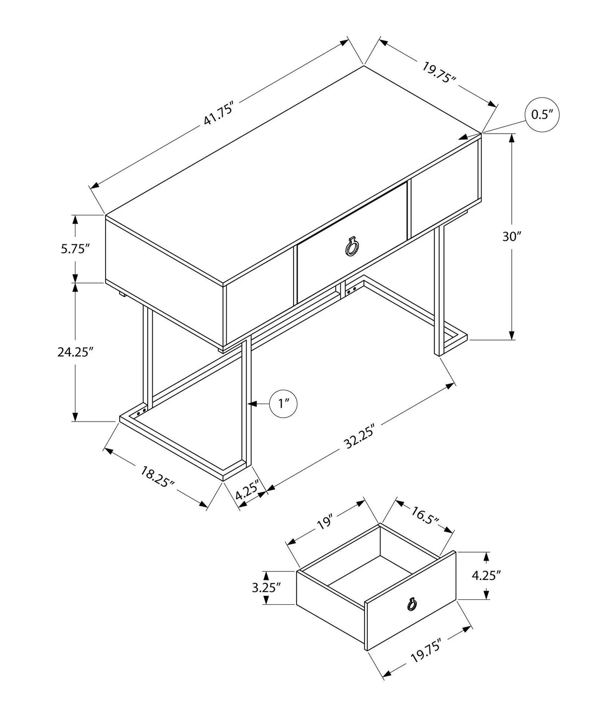 Glossy Computer Desk | Large Center Drawer | Laminate Finish | 41.75 Inch Length