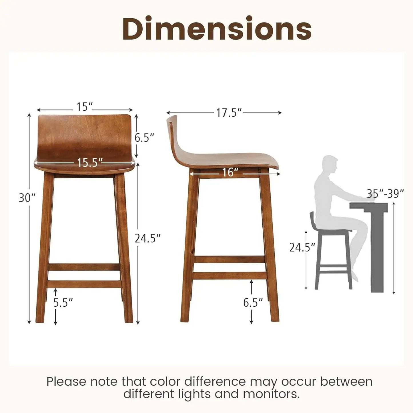 24.5 Inch Counter Height Farmhouse Wooden Bar Stool Set Of 2 With Brown Footrest And Low Back from PriceLows™