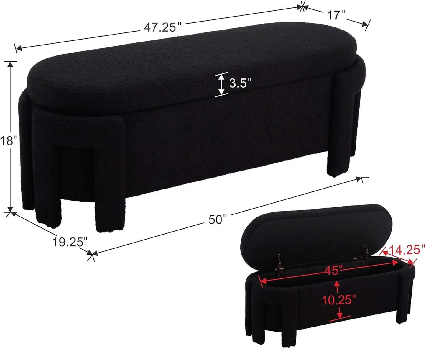 FiftyInch Sherpa Black Upholstered Storage Bench Ottoman from PriceLows™