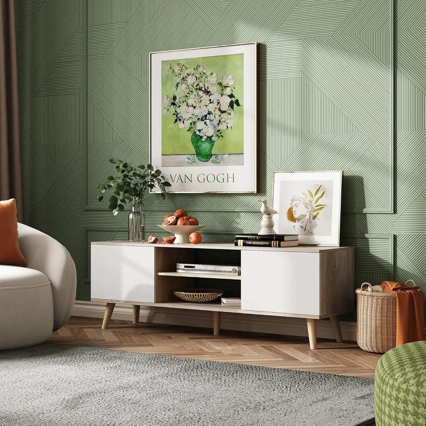 Boho TV Stand 55 To 60 Inch Greige White Sleek Design from PriceLows™