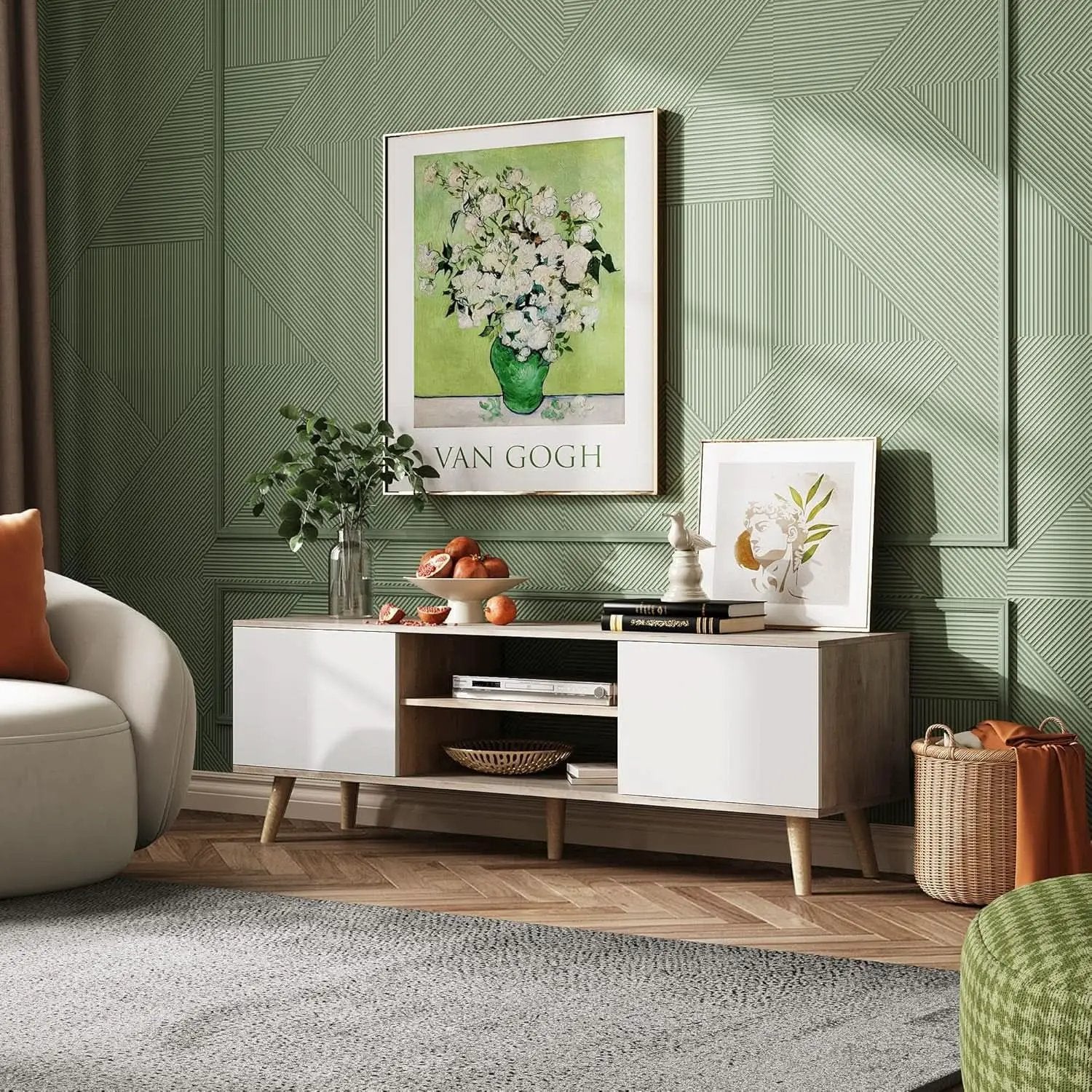 Boho TV Stand 55 To 60 Inch Greige White Sleek Design from PriceLows™