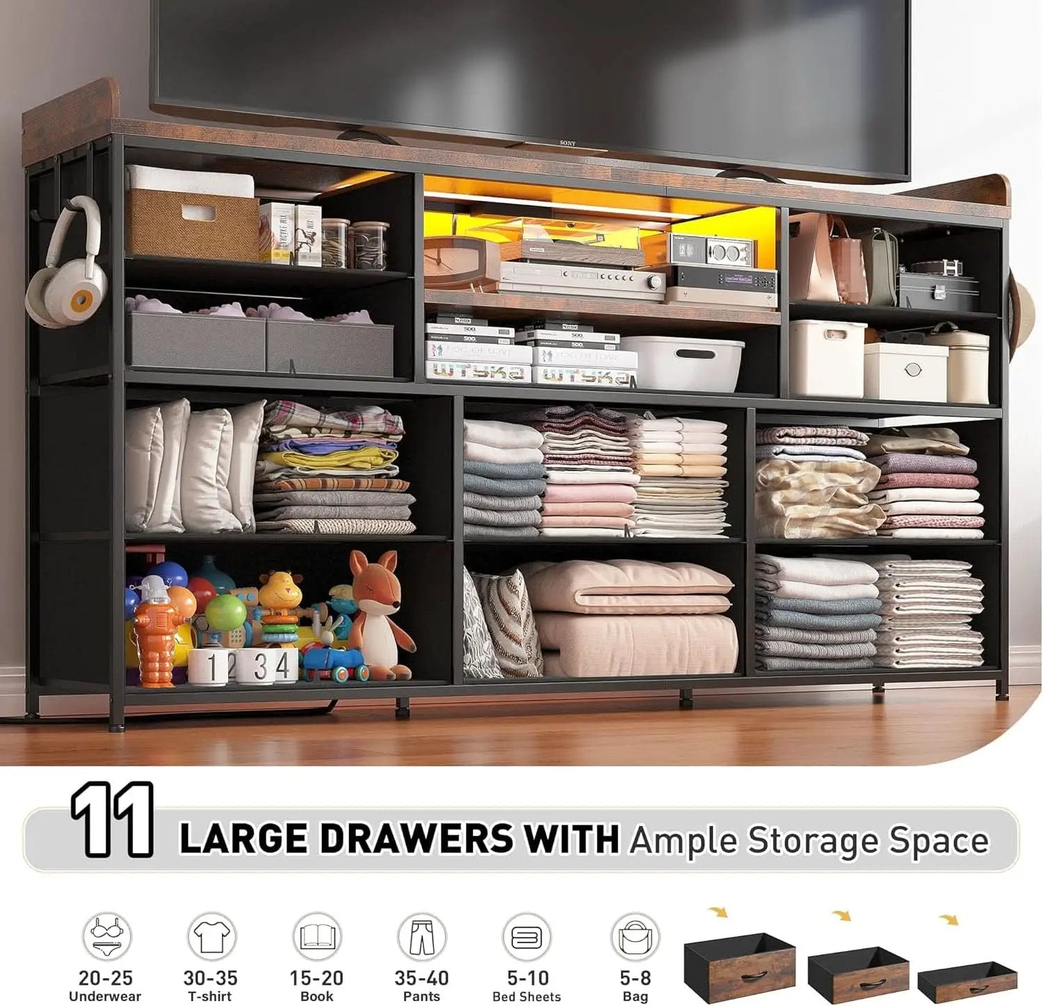Dresser With 11 Drawers And LED Lights For Bedroom from PriceLows™
