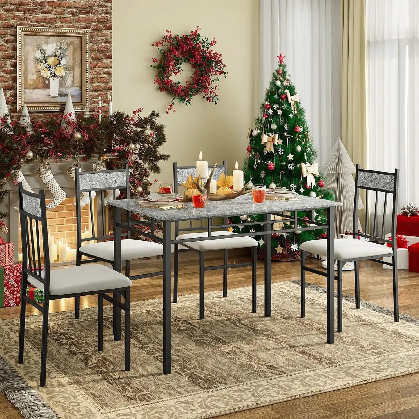 Grey Faux Marble Dining Table Set For 4 With Padded Chairs from PriceLows™