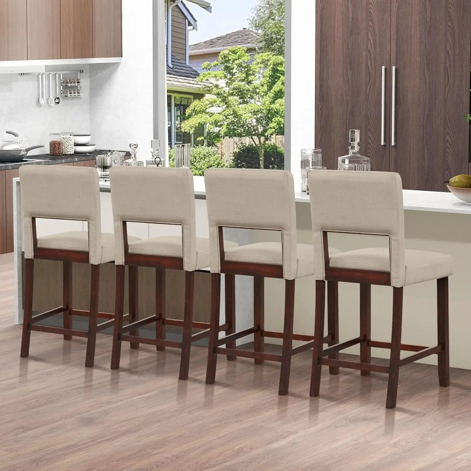 24.5 Inch Counter Height Bar Stools Set Of 4 With Back Upholstered Beige Linen For Kitchen Island from PriceLows™