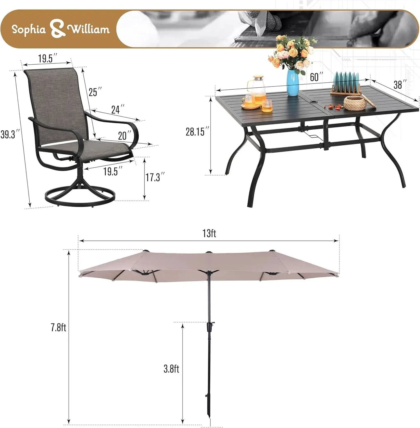 8 Piece Patio Dining Set For 6 With 13 Foot Beige Umbrella from PriceLows™