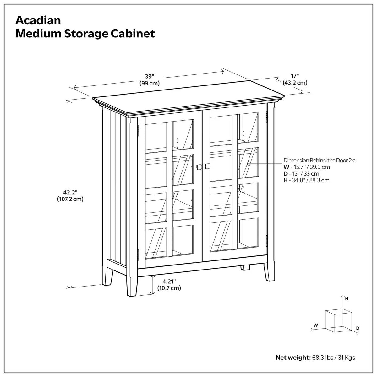 Acadian Storage Cabinet | Medium Handcrafted Solid Wood | Two Glass Doors | Two Adjustable Shelves