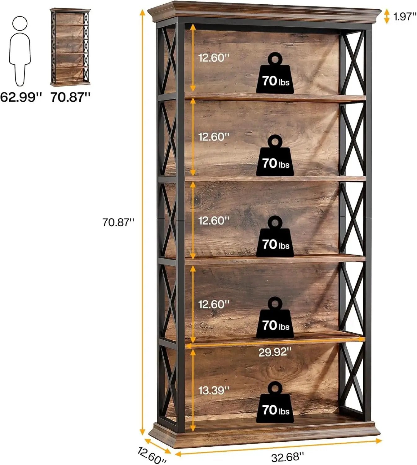 Six Tier Bookcase 71 Inch Industrial Storage Shelf from PriceLows™