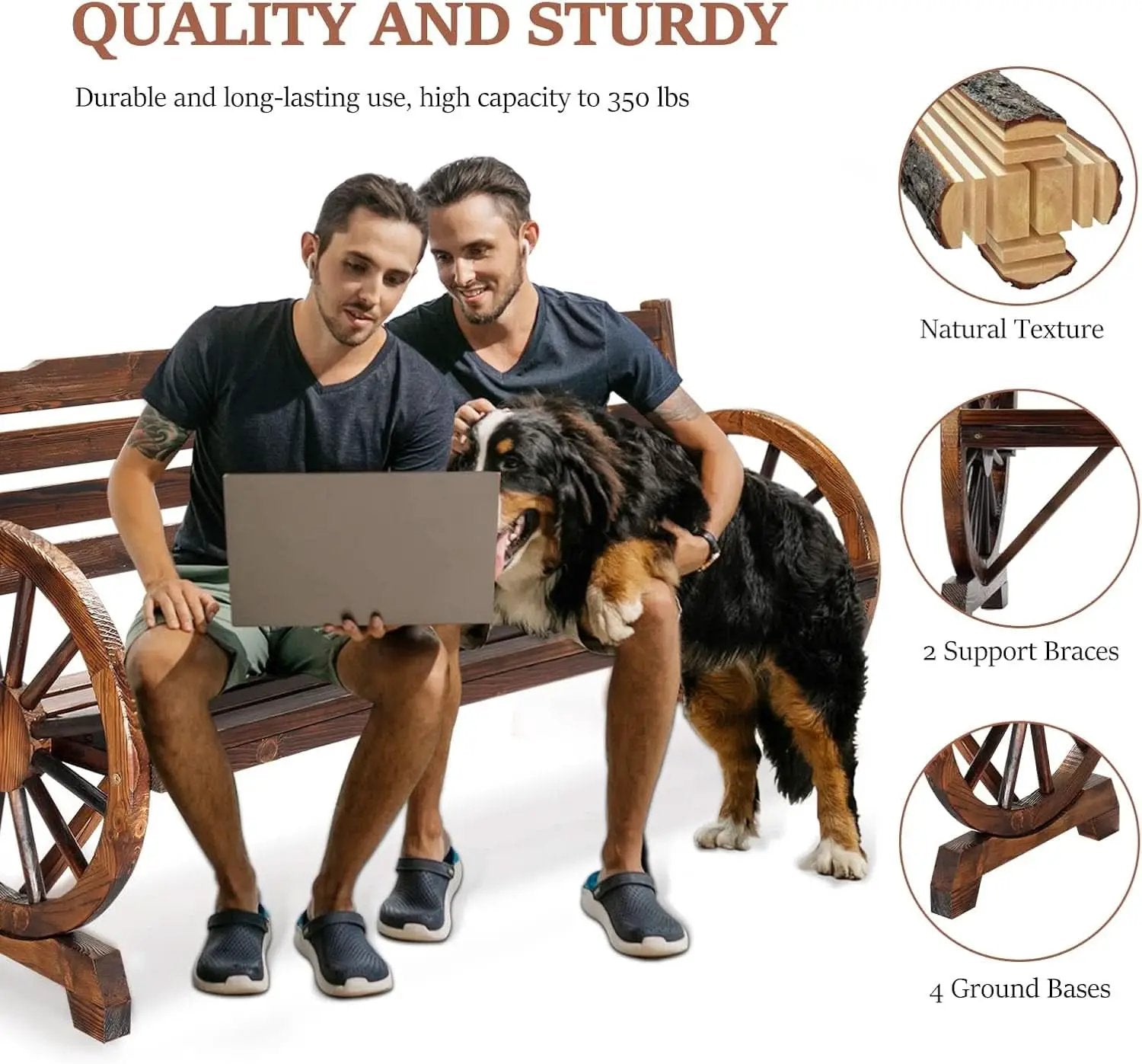 Rustic Wooden Garden Bench with Wagon Wheel Arms from PriceLows™