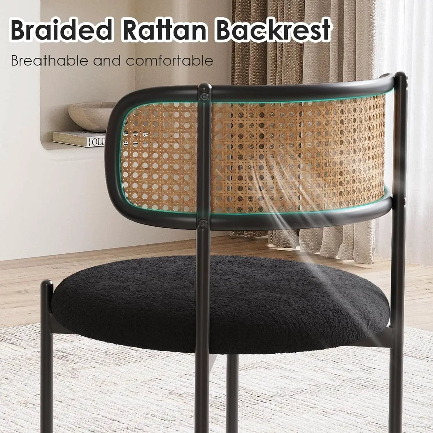 Set Of 4 Dining Chairs Mid Century Modern Rattan Back Upholstered Sherpa Black from PriceLows™