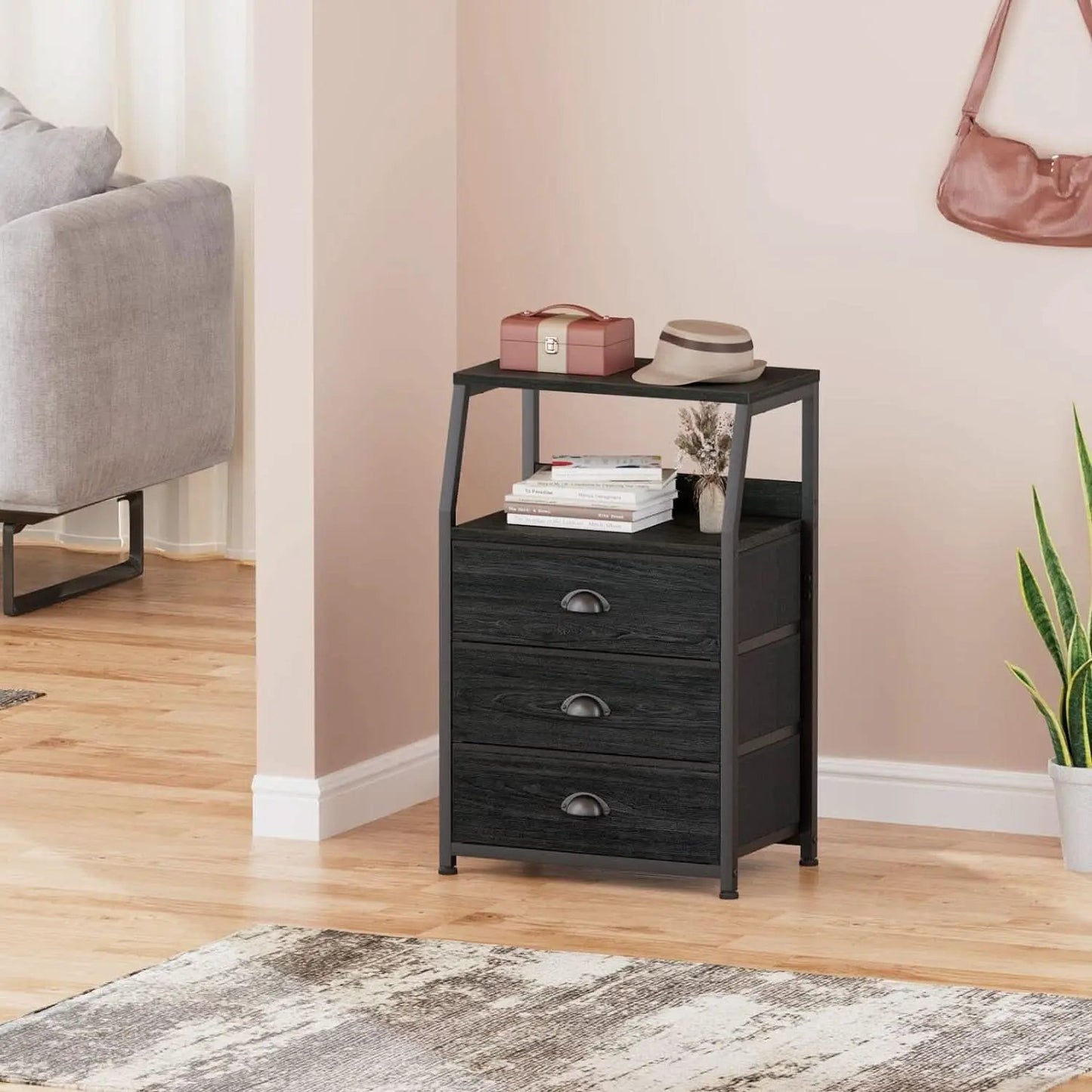 Black Night Stand With 3 Fabric Drawers And 2 Tier Shelf from PriceLows™
