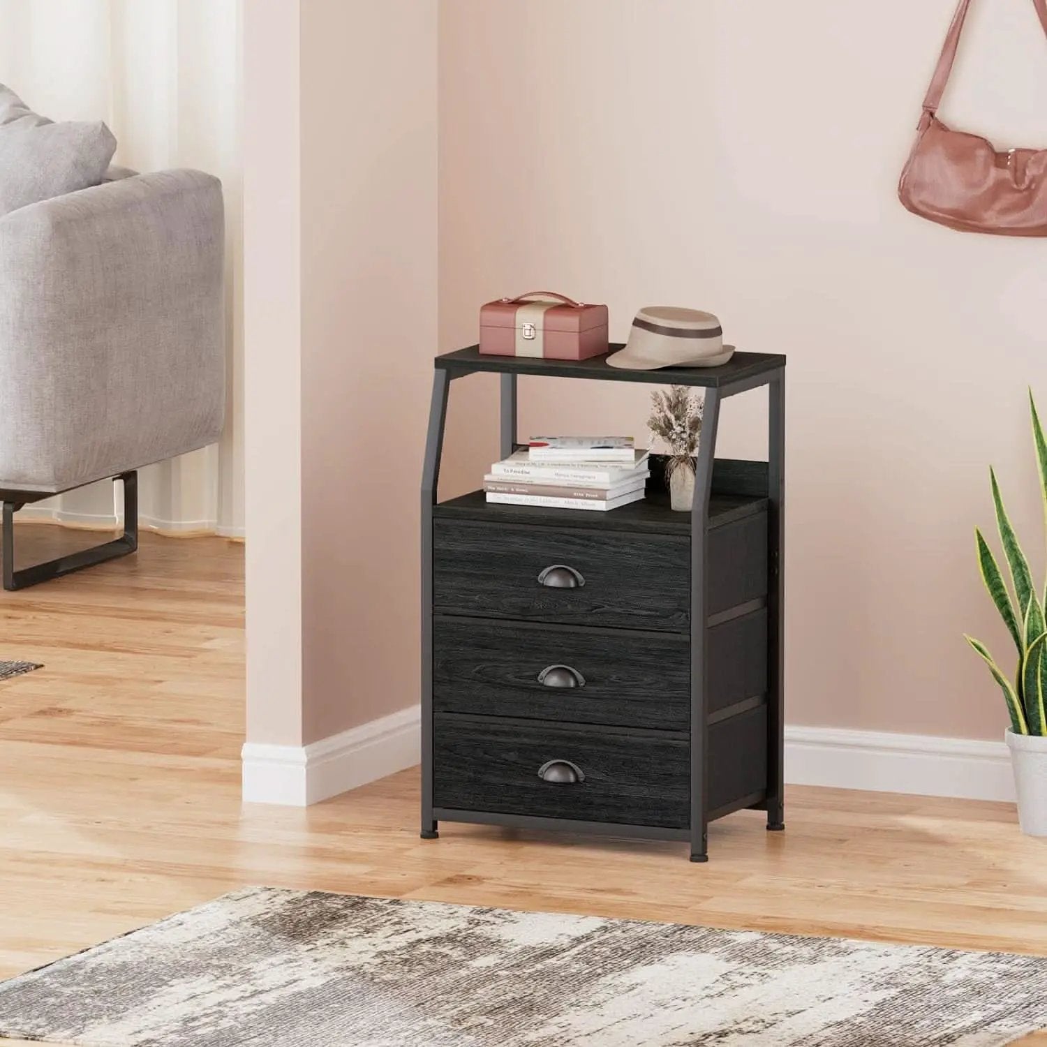 Black Night Stand With 3 Fabric Drawers And 2 Tier Shelf from PriceLows™