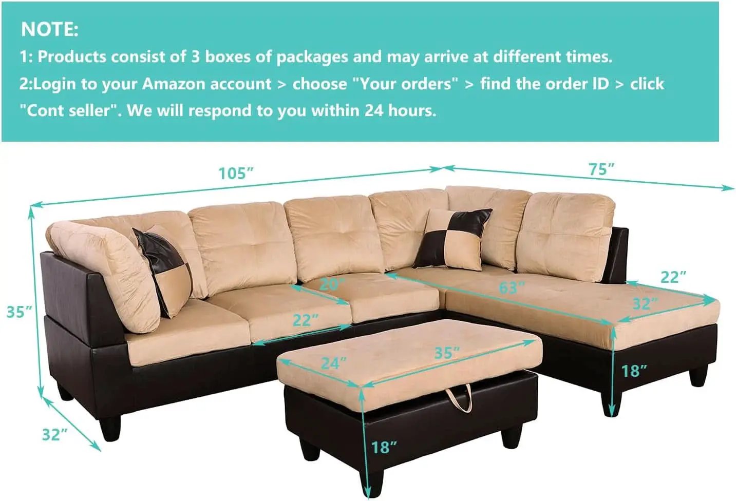 Beige 105 Inch L Shaped Sectional Sofa With Storage Ottoman from PriceLows™