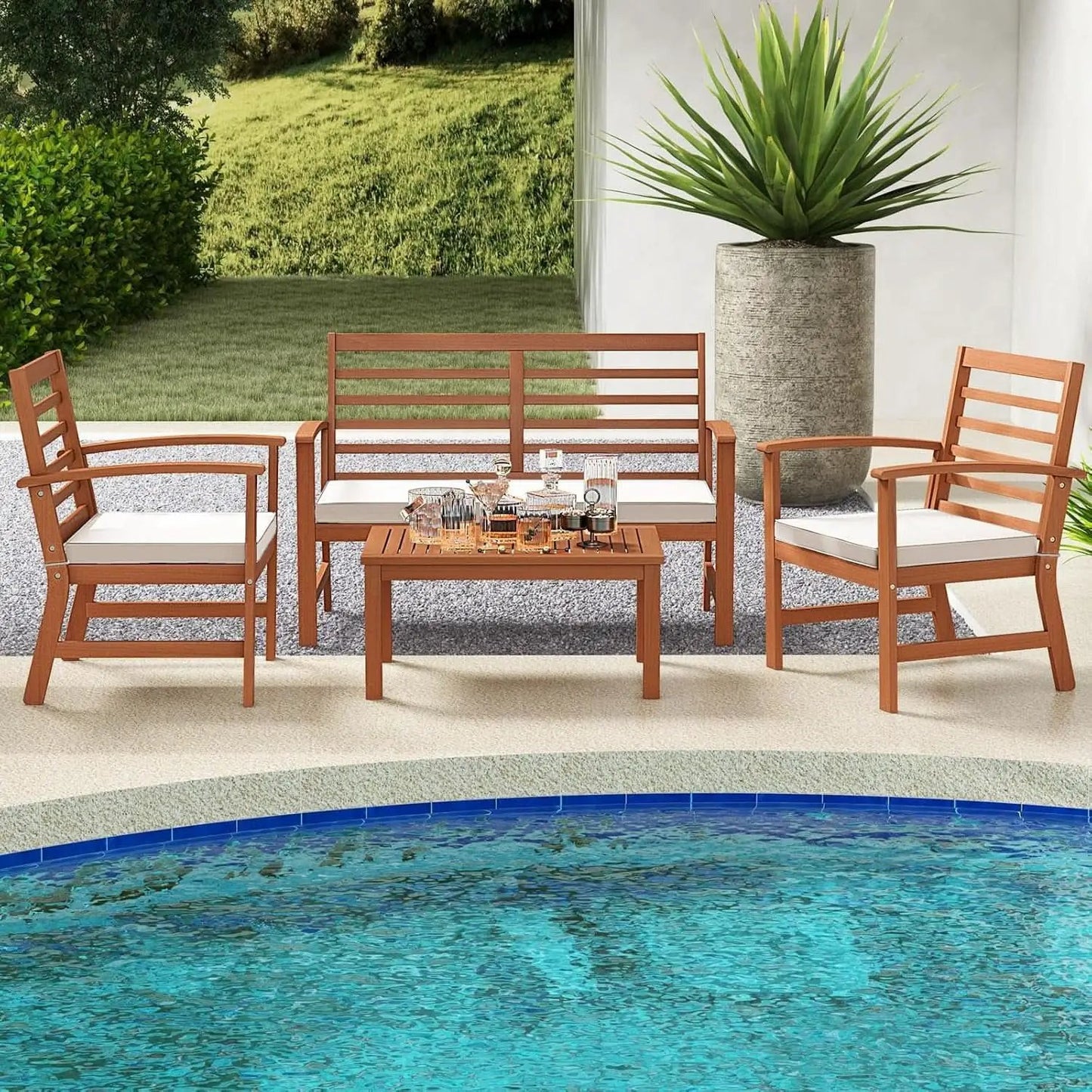 Acacia Wood Outdoor Conversation Set With Cushions White from PriceLows™